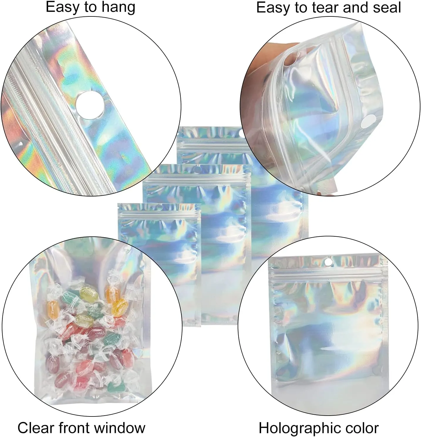 300 Pack 3 Sizes Resealable Mylar Bags Food Storage Smell Proof Bags with Front Window Packaging Pouch for Sample Snack Cookies Jewelry (Holographic, 3 x 4.7 inch,4 x 6 inch,4.7 x 7.9 inch)