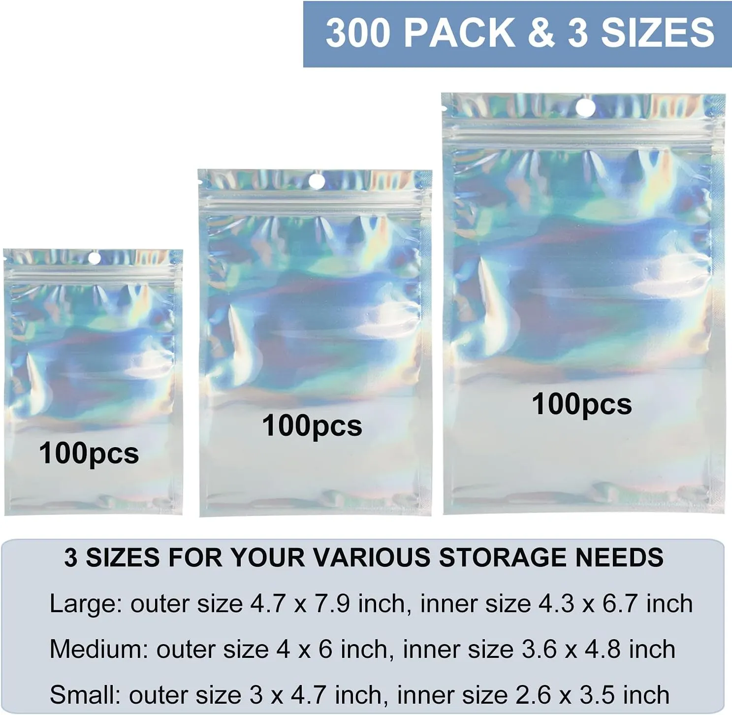 300 Pack 3 Sizes Resealable Mylar Bags Food Storage Smell Proof Bags with Front Window Packaging Pouch for Sample Snack Cookies Jewelry (Holographic, 3 x 4.7 inch,4 x 6 inch,4.7 x 7.9 inch)