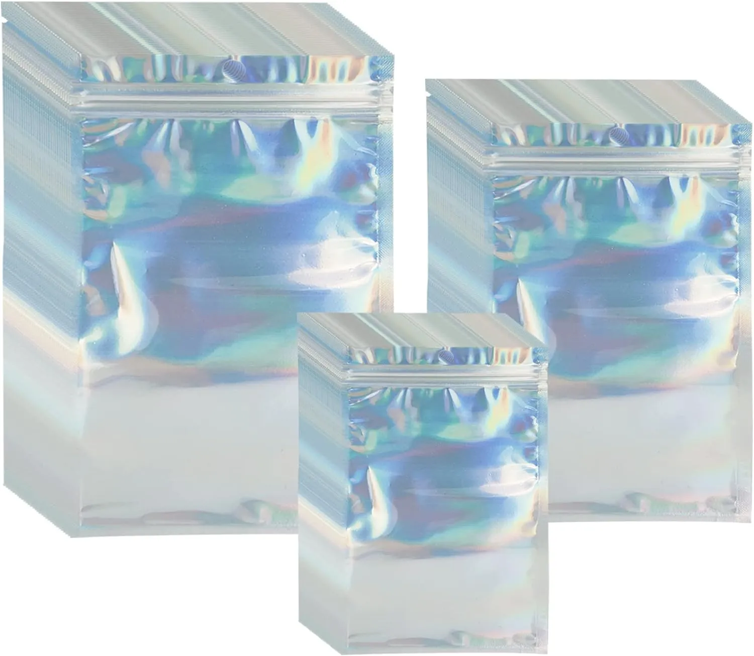 300 Pack 3 Sizes Resealable Mylar Bags Food Storage Smell Proof Bags with Front Window Packaging Pouch for Sample Snack Cookies Jewelry (Holographic, 3 x 4.7 inch,4 x 6 inch,4.7 x 7.9 inch)