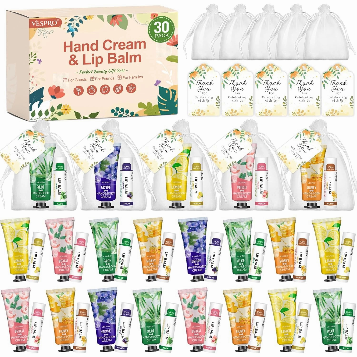 30 Sets Bulk Hand Lotion and Bulk Lip Balm Gifts, Bridal Shower Favors, Bridesmaid Gifts and Wedding Favors for Guests with Thank You Card and Organza Bags, Employee Appreciation Gifts, Birthday Gifts
