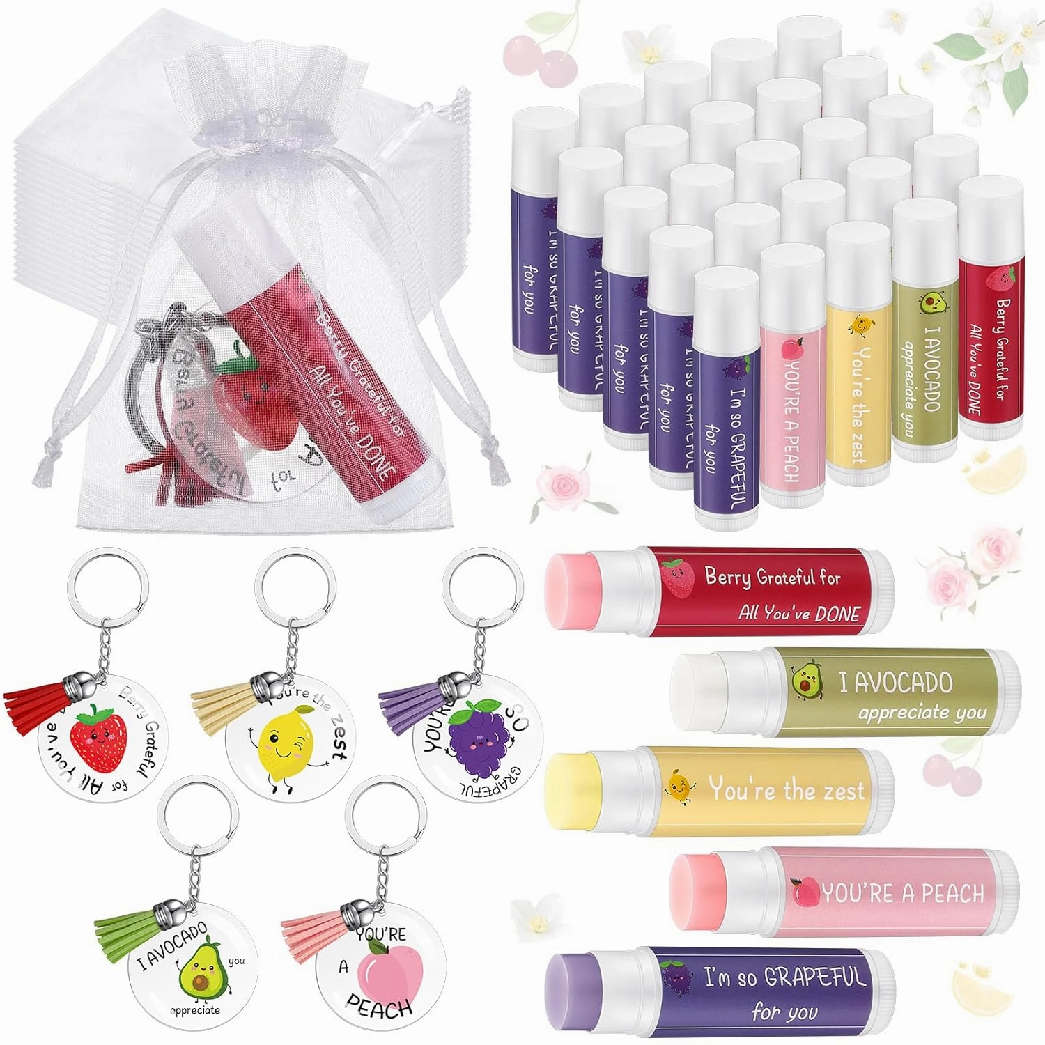 30 Sets Moisturizing Lip Balms Bulk Employee Appreciation Gifts with Fruit Pun Keychains and Organza Bags for Coworker Teacher Appreciation Thank You Gifts