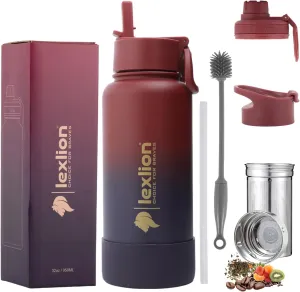 32 Oz Triple Walled Insulated Stainless Steel Fruit Infuser Water Bottle, 100% Leakproof, 3 Lids, Infuser, Silicone Sleeve, Metal Mug Gallon