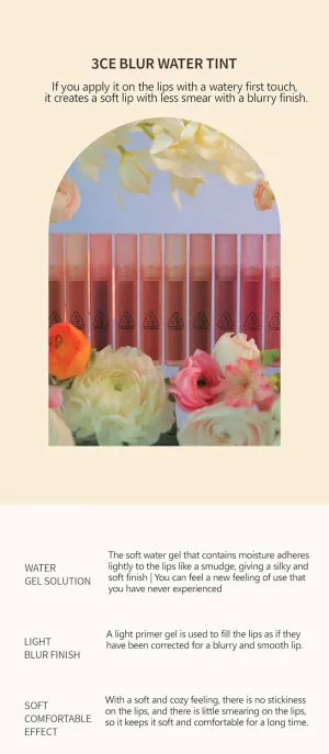 3CE BLUR WATER TINT(4.6g) soft lip with less smear with a blurry finish (#SPOT PLAYER) with sun cream(1ml*3ea)