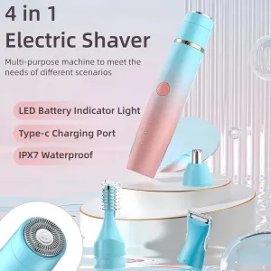 4-in-1 Electric Facial Hair Trimmer for Women, Rechargeable Waterproof Eyebrow Epilator with Multiple Heads, Blue and Pink Gradient