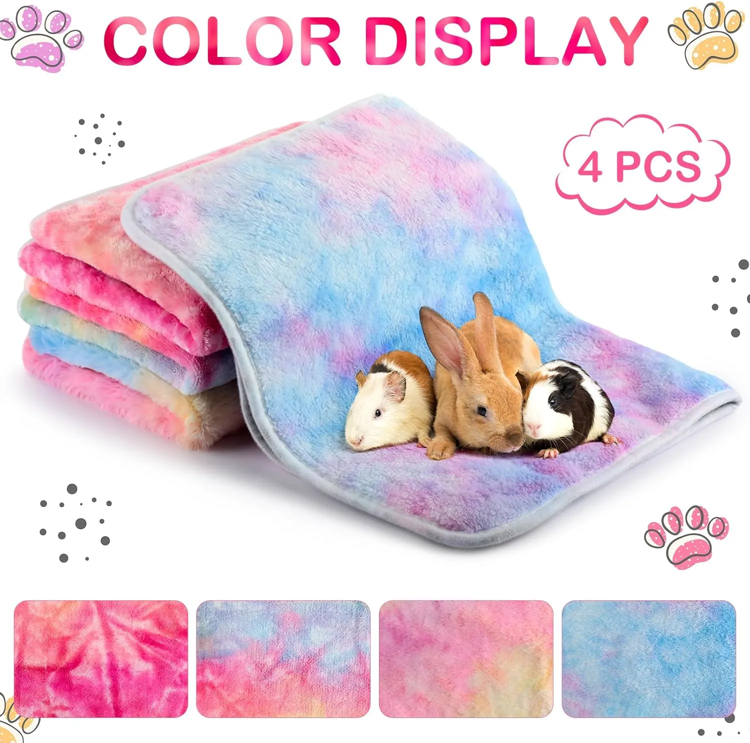 4 Pcs Waterproof Guinea Pig Blankets Washable Small Animal Fleece Bedding Absorbent Guinea Pig Cage Liners Reusable Pet Pee Pad Sleep Mat Pad Cover for Hamster Ferret (Tie Dye Pattern,24 x 16 Inch)