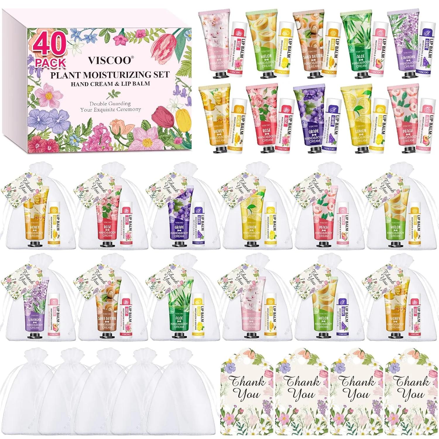 40 Sets Hand Cream Bulk and Lip Balm Bulk Set, Bridal Shower Favors and Wedding Favors for Guests with Thank You Card and Organza Bags, Baby Shower Party Favors, Thank You Gifts for Women