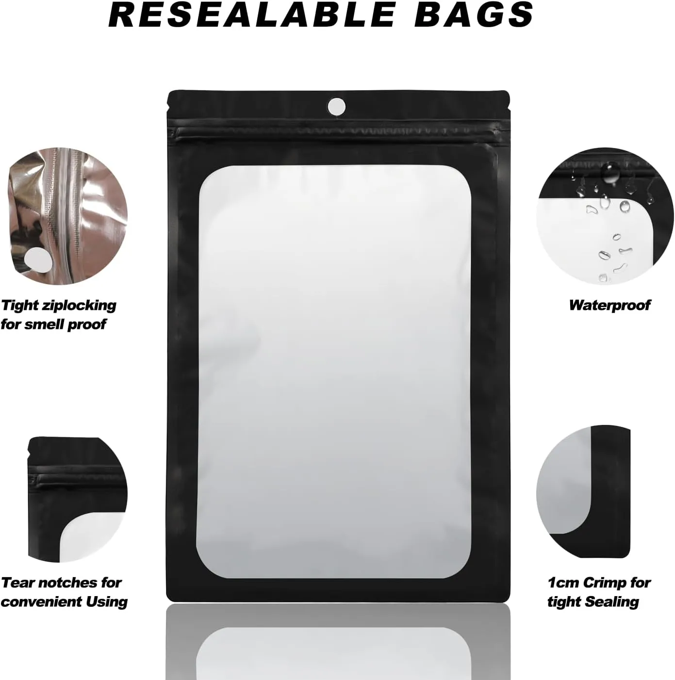 400 Pack 4 Size Bags with Clear Window,Scratch Resistant Hand Holographic Packaging Pouch,Resealable Bag for Small Bussiness Cookies Jewelry Candy Sample (Black, 2.4×3.9,3x4.7,4×7,5.5×7.9 inch)