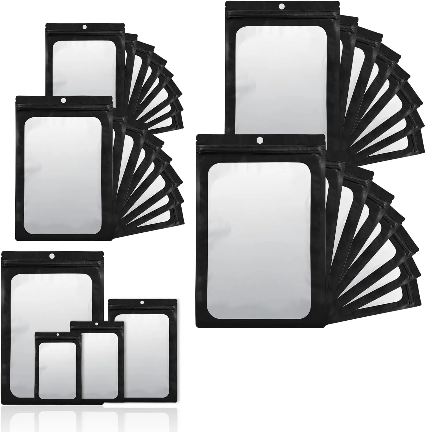 400 Pack 4 Size Bags with Clear Window,Scratch Resistant Hand Holographic Packaging Pouch,Resealable Bag for Small Bussiness Cookies Jewelry Candy Sample (Black, 2.4×3.9,3x4.7,4×7,5.5×7.9 inch)