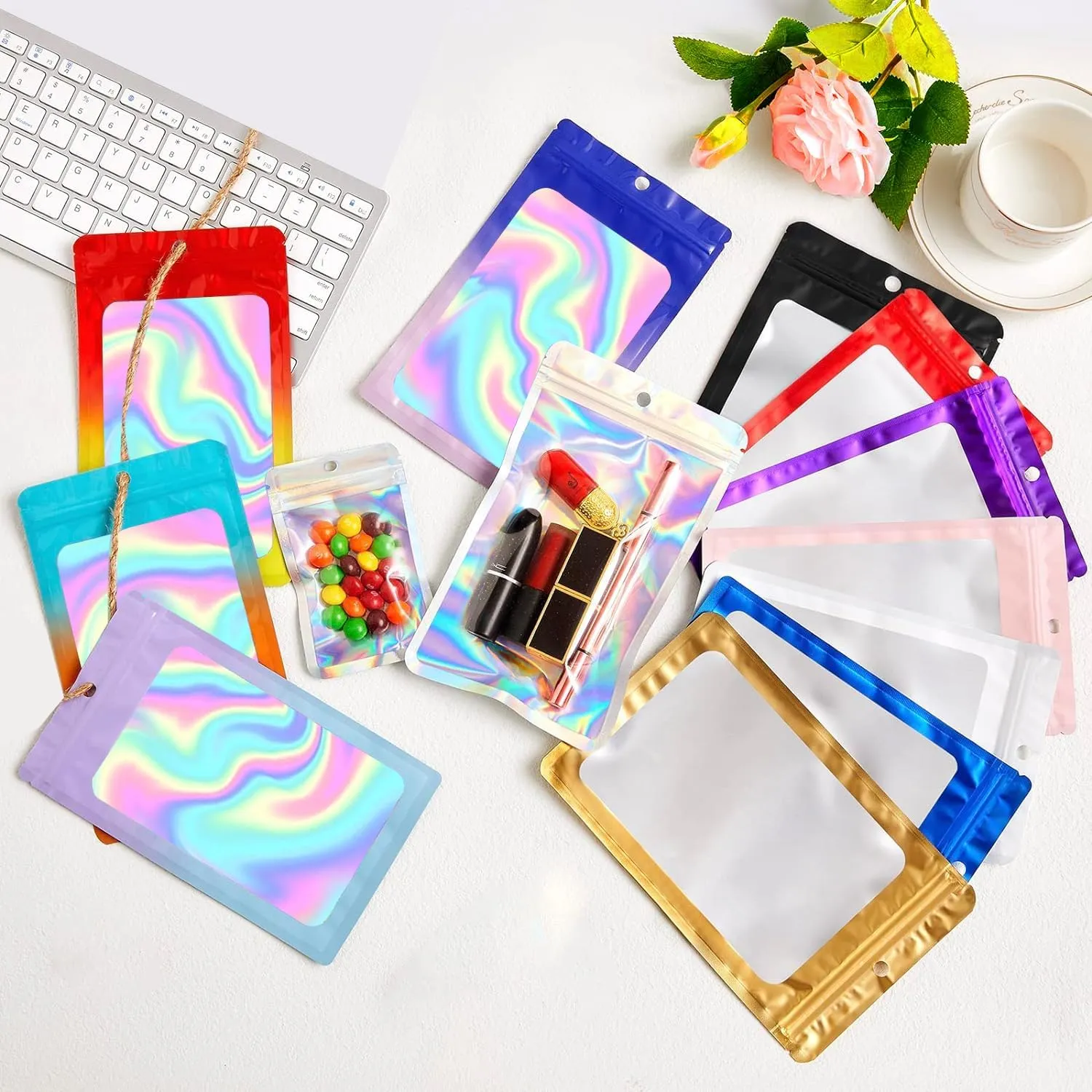 400 Pack 4 Size Bags with Clear Window,Scratch Resistant Hand Holographic Packaging Pouch,Resealable Bag for Small Bussiness Cookies Jewelry Candy Sample (Black, 2.4×3.9,3x4.7,4×7,5.5×7.9 inch)