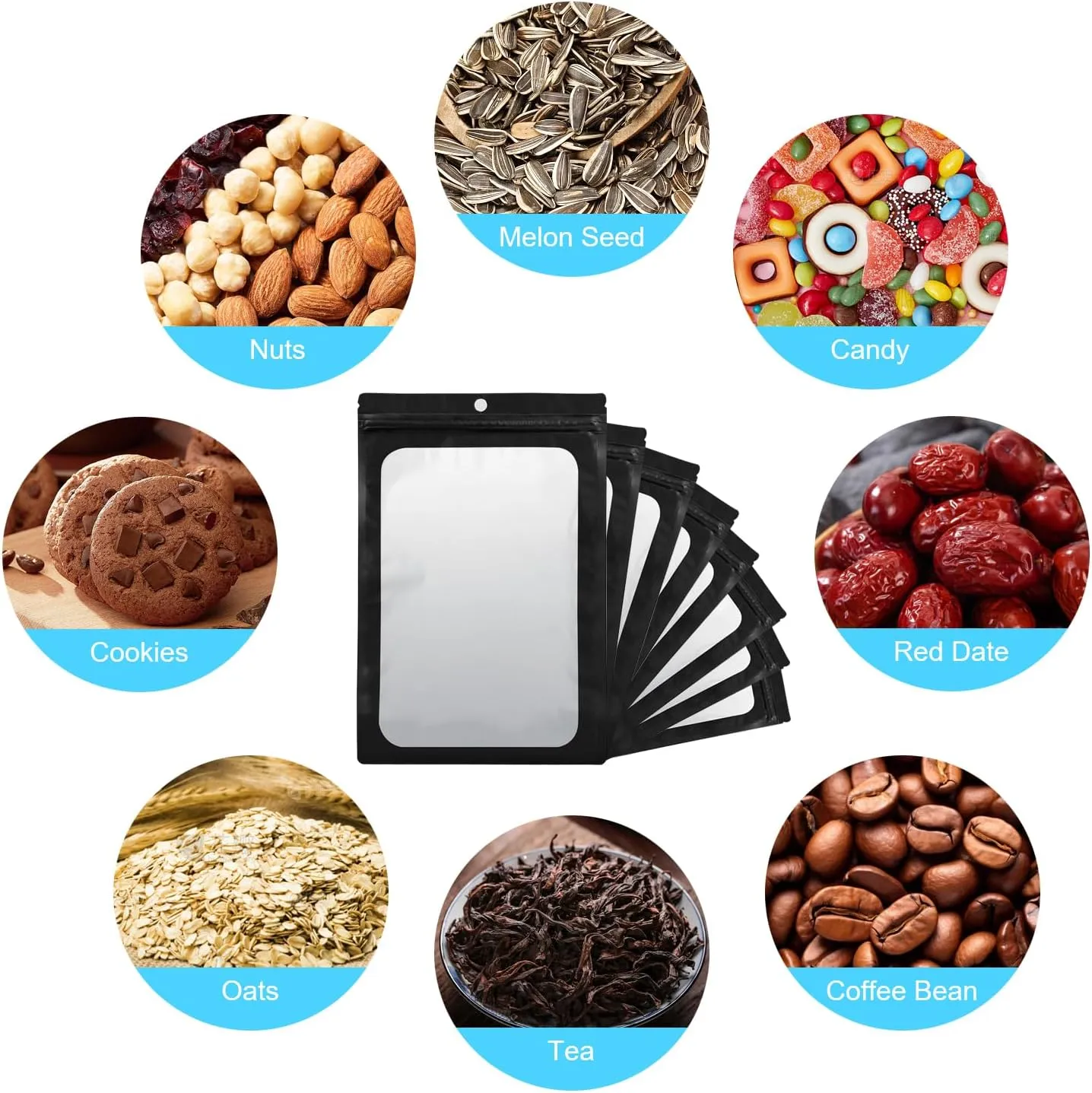 400 Pack 4 Size Bags with Clear Window,Scratch Resistant Hand Holographic Packaging Pouch,Resealable Bag for Small Bussiness Cookies Jewelry Candy Sample (Black, 2.4×3.9,3x4.7,4×7,5.5×7.9 inch)