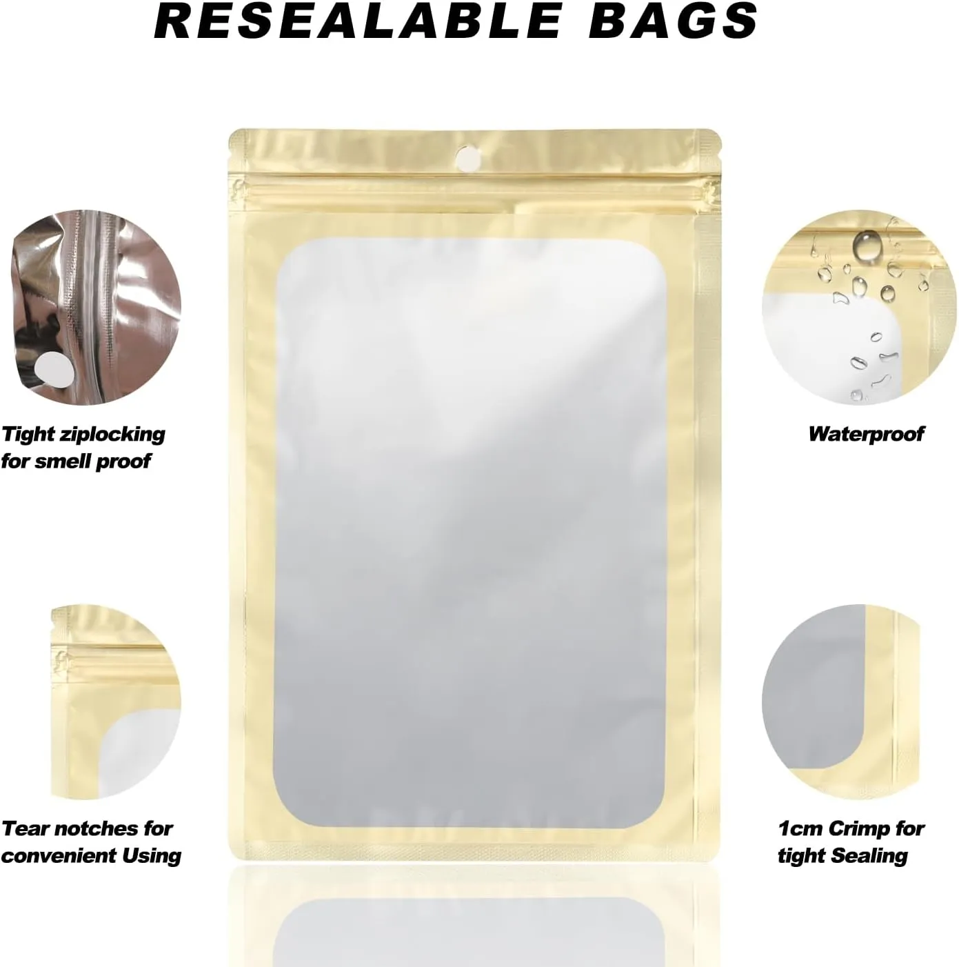 400 Pack 4 Size Bags with Clear Window,Scratch Resistant Hand Holographic Packaging Pouch,Resealable Bag for Small Bussiness Cookies Jewelry Candy Sample (Gold, 2.4×3.9,3x4.7,4×7,5.5×7.9 inch)