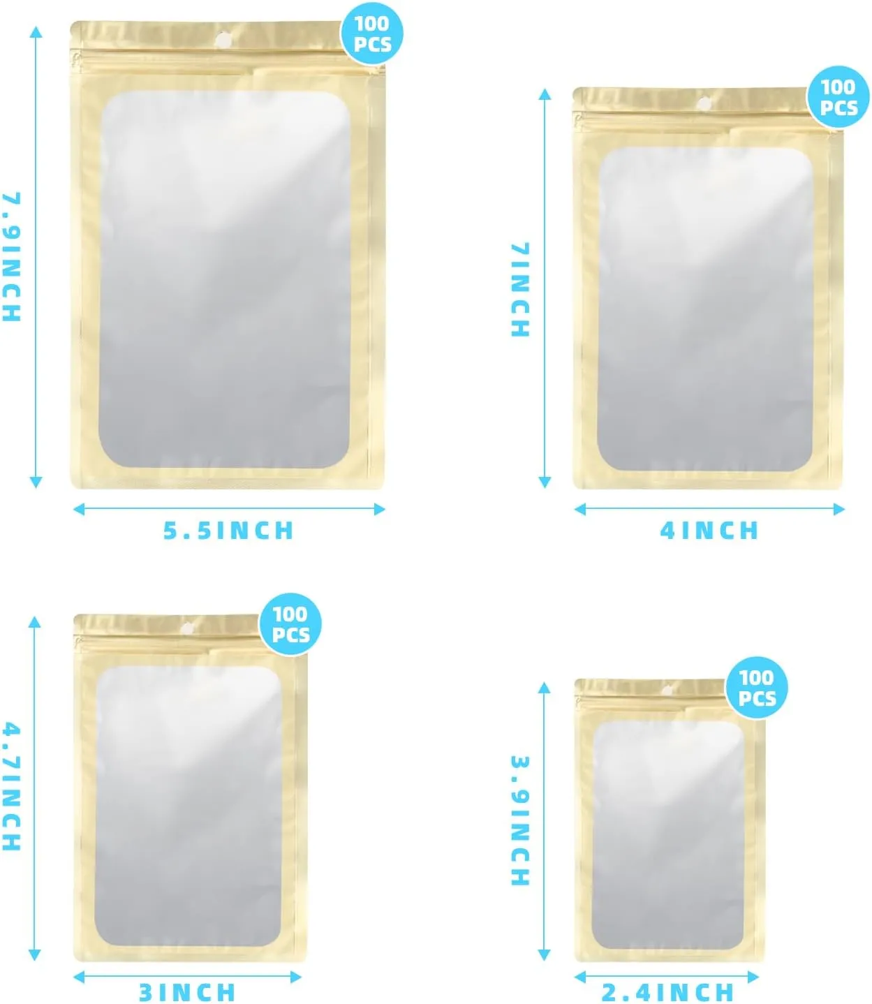 400 Pack 4 Size Bags with Clear Window,Scratch Resistant Hand Holographic Packaging Pouch,Resealable Bag for Small Bussiness Cookies Jewelry Candy Sample (Gold, 2.4×3.9,3x4.7,4×7,5.5×7.9 inch)