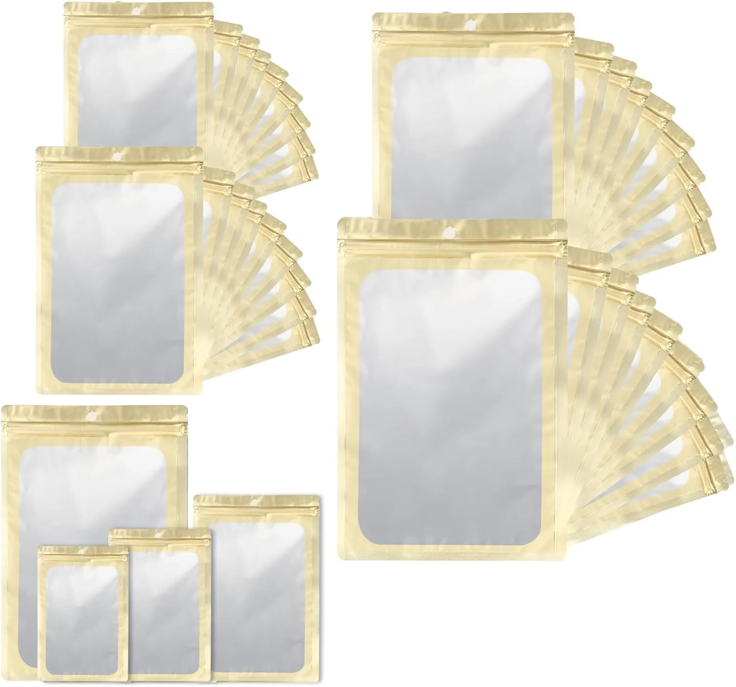 400 Pack 4 Size Bags with Clear Window,Scratch Resistant Hand Holographic Packaging Pouch,Resealable Bag for Small Bussiness Cookies Jewelry Candy Sample (Gold, 2.4×3.9,3x4.7,4×7,5.5×7.9 inch)