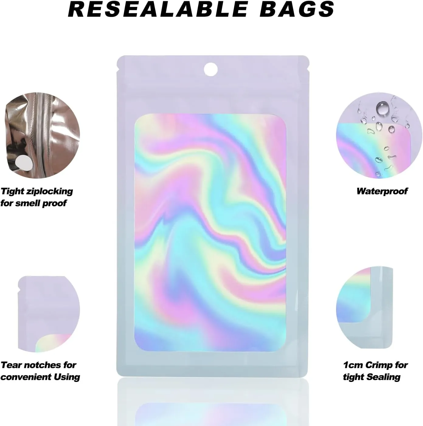 400 Pack 4 Size Bags with Clear Window,Scratch Resistant Hand Holographic Packaging Pouch,Resealable Bag for Small Bussiness Cookies Jewelry Candy Sample (Pink Blue, 2.4×3.9,3x4.7,4×7,5.5×7.9 inch)