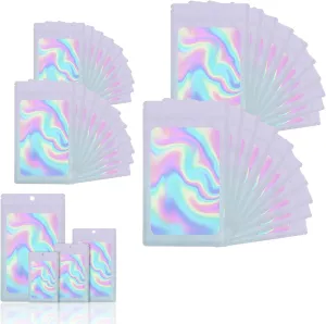 400 Pack 4 Size Bags with Clear Window,Scratch Resistant Hand Holographic Packaging Pouch,Resealable Bag for Small Bussiness Cookies Jewelry Candy Sample (Pink Blue, 2.4×3.9,3x4.7,4×7,5.5×7.9 inch)