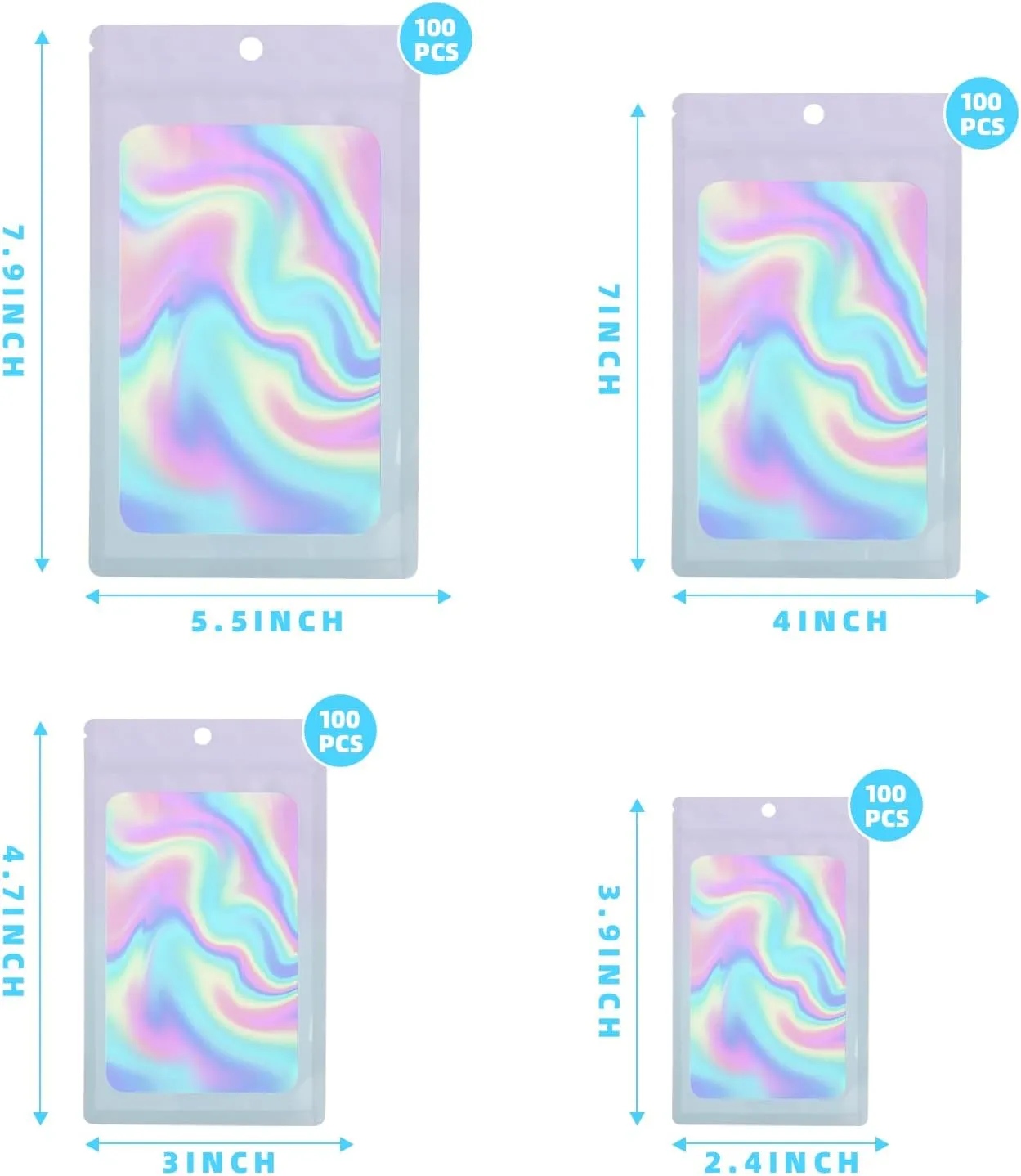 400 Pack 4 Size Bags with Clear Window,Scratch Resistant Hand Holographic Packaging Pouch,Resealable Bag for Small Bussiness Cookies Jewelry Candy Sample (Pink Blue, 2.4×3.9,3x4.7,4×7,5.5×7.9 inch)