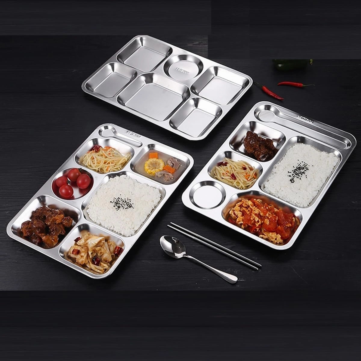 4 Pack Stainless Steel Rectangular Divided Dinner Plates, 6 Sections Large Metal Plate Tray for Adults, Picky Eaters, Campers, and Portion Control