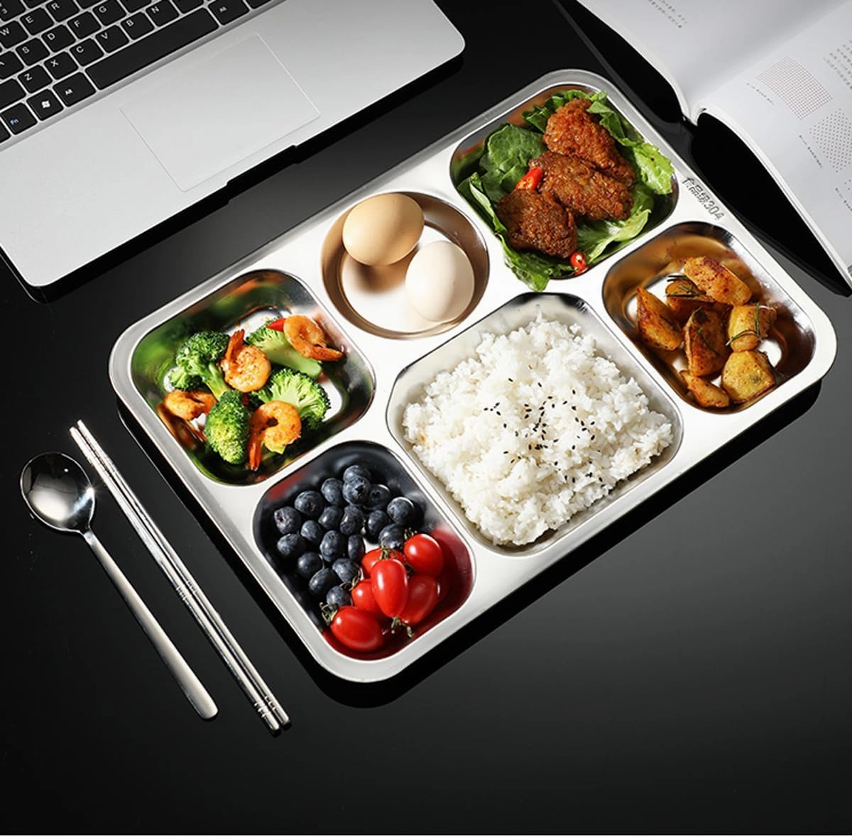 4 Pack Stainless Steel Rectangular Divided Dinner Plates, 6 Sections Large Metal Plate Tray for Adults, Picky Eaters, Campers, and Portion Control