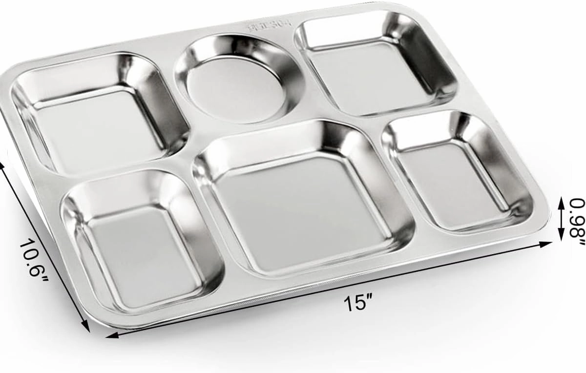 4 Pack Stainless Steel Rectangular Divided Dinner Plates, 6 Sections Large Metal Plate Tray for Adults, Picky Eaters, Campers, and Portion Control