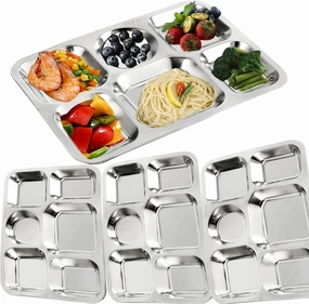 4 Pack Stainless Steel Rectangular Divided Dinner Plates, 6 Sections Large Metal Plate Tray for Adults, Picky Eaters, Campers, and Portion Control