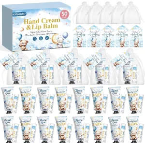 50 Pack Lip Balm and Hand Cream Bulk Gifts Sets, Baby Shower Party Favors and Bridal Shower Favors for Guests with Thank You Card and Organza Gift Bags, Thank You Gifts Bulk, Baby Shower Prizes (Bear)