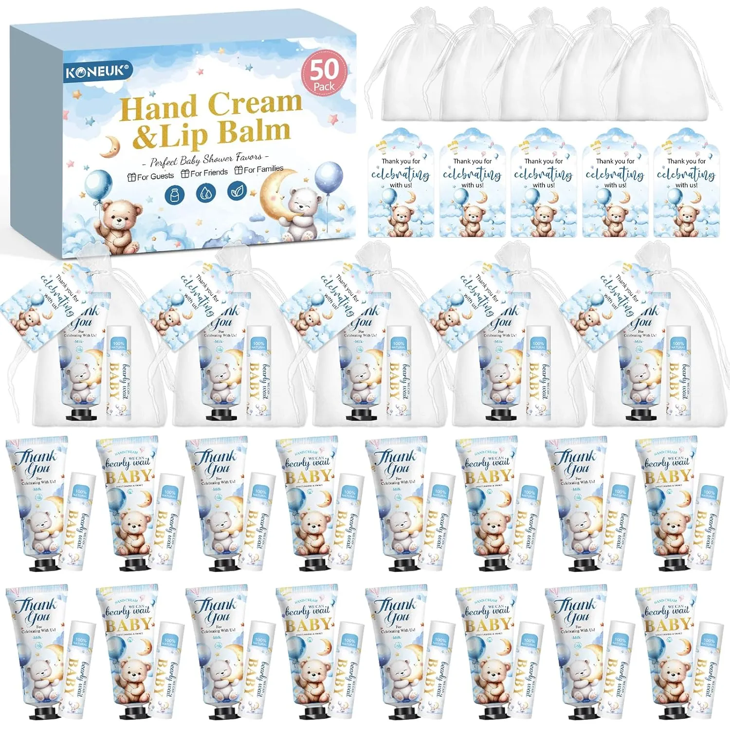 50 Pack Lip Balm and Hand Cream Bulk Gifts Sets, Baby Shower Party Favors and Bridal Shower Favors for Guests with Thank You Card and Organza Gift Bags, Thank You Gifts Bulk, Baby Shower Prizes (Bear)
