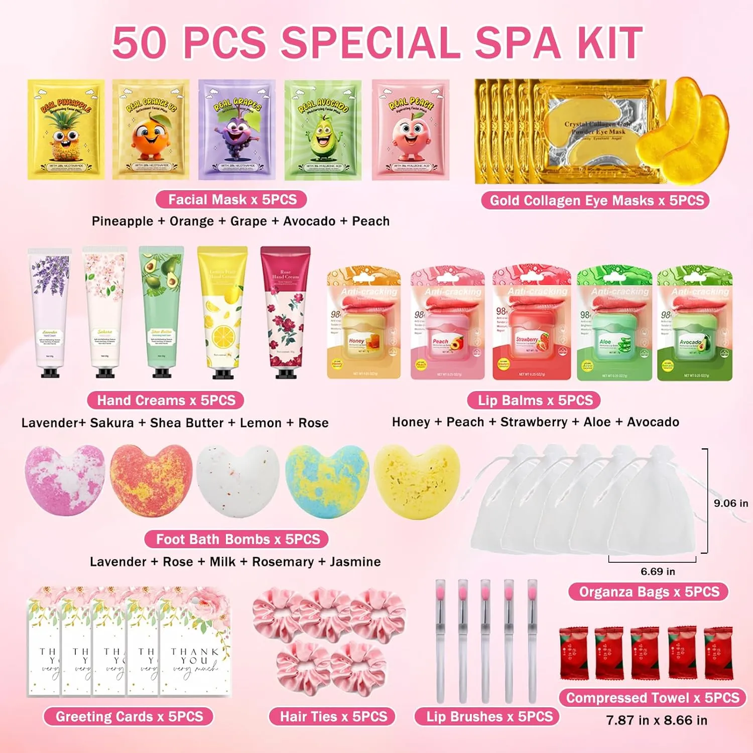 50 PCS Spa Party Supplies for Girls & Women, Facial Masks- Hand Cream- Lip Balm- Bath Bomb- Eye Mask- Compressed Towel- Hair Ties- Lip Brush- Organza Bags, Spa Kit for Birthday, Sleepover, Spa Day