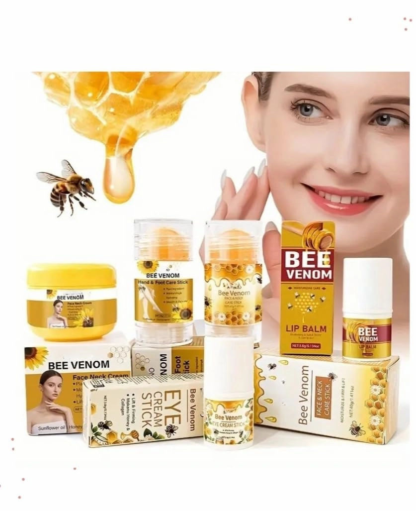 5pcs Honey Bee Venom Skincare Set - Eye Cream Stick Lip Balm Face & Neck Hand Foot Moisturizing Hydrating with Natural Extract for Smooth Radiant Skin