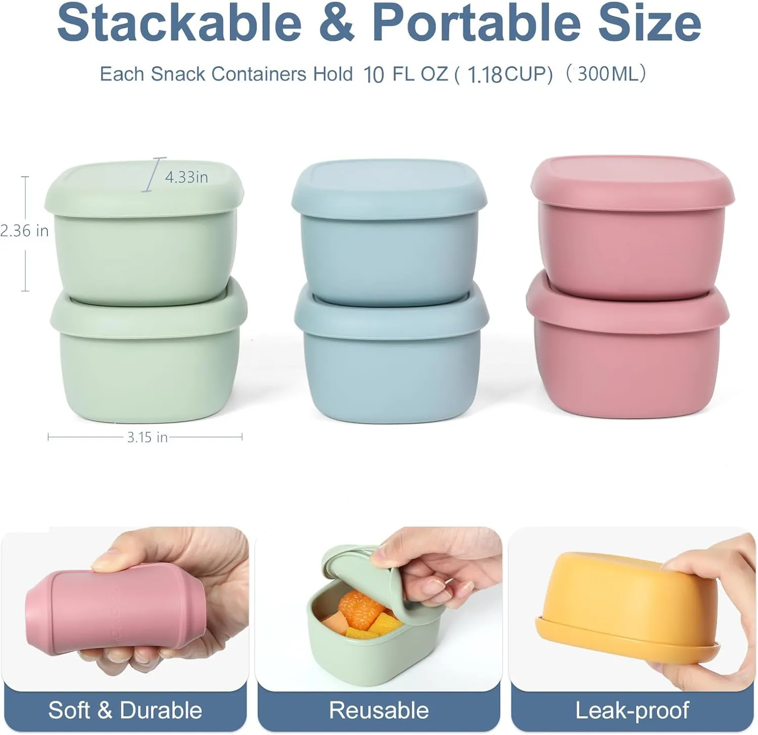 6 pcs 10 oz Silicone Snack Containers for Kids Small Food Containers with Lids, Fruit Containers for Lunch, Stackable Lunch Containers for Kids, Daycare, School and Travel