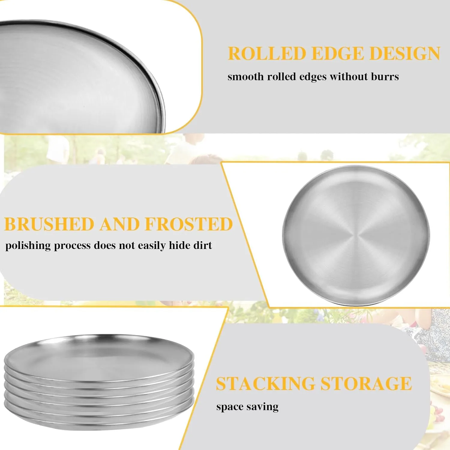 6 Pieces Stainless Steel Plates, 9 Inch Reusable Brushed Metal Dinner Plates, Metal Dinner Dishes, Feeding Serving Camping Plates, Gold Trays for Kitchen,Picnic, Outdoor Party(9 inch silver)