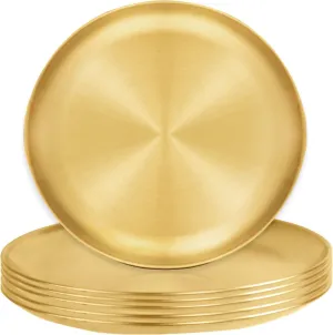 6 Pieces Stainless Steel Plates, Reusable Brushed Metal Dinner Plates, 9 Inch Metal Dinner Dishes, Feeding Serving Camping Plates, Gold Trays for Kitchen,Picnic, Outdoor Party