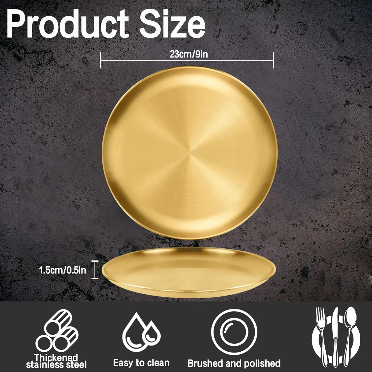 6 Pieces Stainless Steel Plates, Reusable Brushed Metal Dinner Plates, 9 Inch Metal Dinner Dishes, Feeding Serving Camping Plates, Gold Trays for Kitchen,Picnic, Outdoor Party