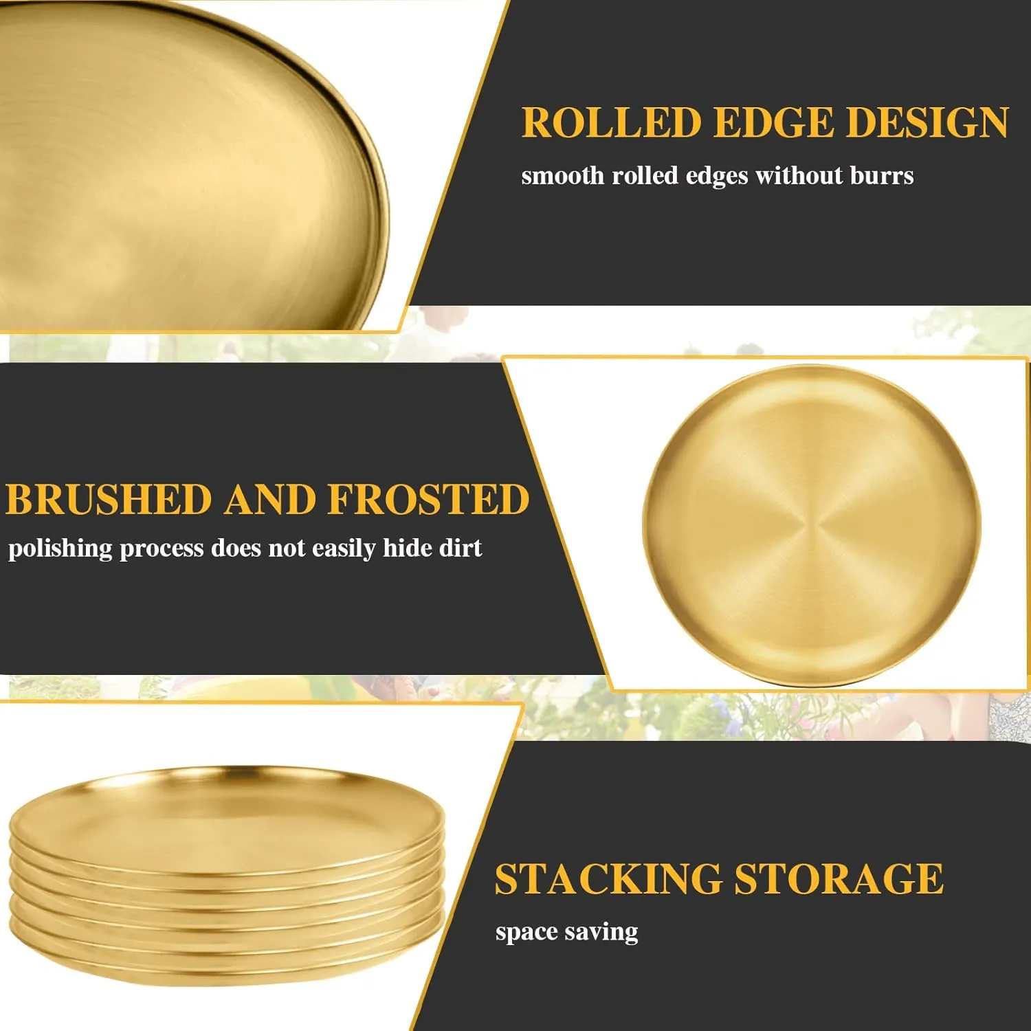 6 Pieces Stainless Steel Plates, Reusable Brushed Metal Dinner Plates, 9 Inch Metal Dinner Dishes, Feeding Serving Camping Plates, Gold Trays for Kitchen,Picnic, Outdoor Party