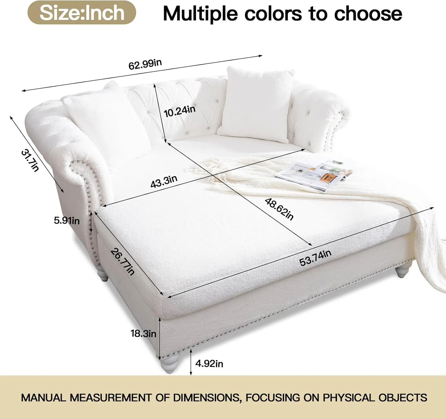 63" Chesterfield Double Chaise Sofa, Velvet Chaise Lounge Chair Indoor with 2 Pillows andRolled Arm Oversized Loveseat Sofa (White)