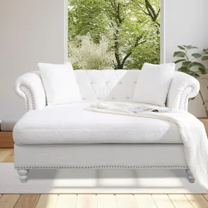 63" Chesterfield Double Chaise Sofa, Velvet Chaise Lounge Chair Indoor with 2 Pillows andRolled Arm Oversized Loveseat Sofa (White)