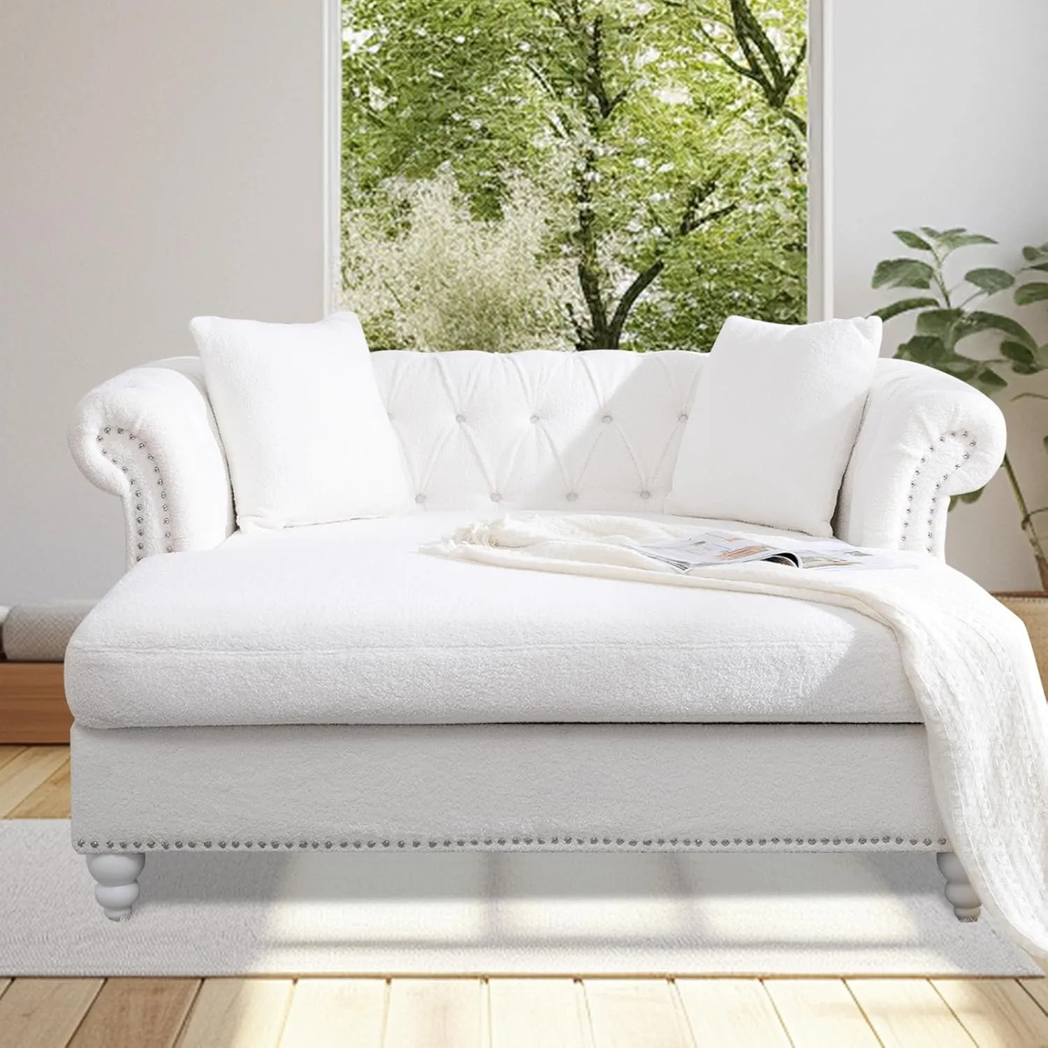63" Chesterfield Double Chaise Sofa, Velvet Chaise Lounge Chair Indoor with 2 Pillows andRolled Arm Oversized Loveseat Sofa (White)
