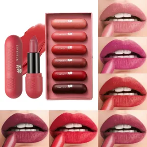 6Pcs Matte Lipstick Set, Cute Radios Shape Velvet Matte Lipstick, Long Lasting Waterproof High Pigmented Velvet Lip Stain Lip Makeup Gift Sets for Girls and Women
