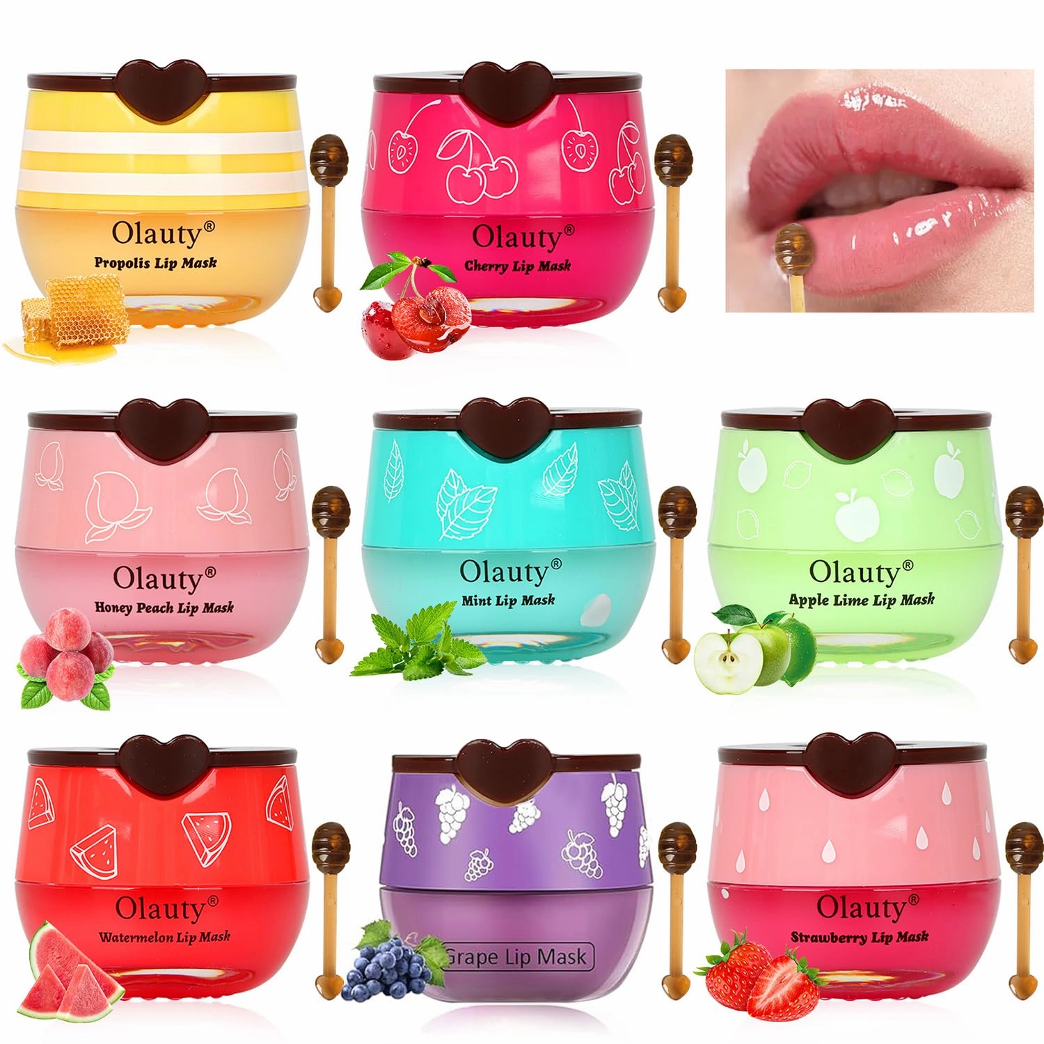 8 PCS Bee Lip Balm Honey Pot - Strawberry, Watermelon, Apple Lime, Cherry, Mint, Grapes & Peach Flavors - Sleeping Mask for Hydrating & Preventing Dry, Cracked Lips