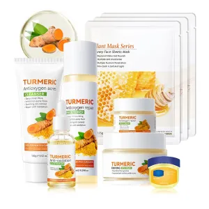 9 Pcs Turmeric Skin Care Set with Facial Cleanser,Toner,Face Serum,Face Cream,Eye Cream,Moisturizing Lip Balm,Hydrating Face Sheet Masks Skin Care Kit for Women and Men