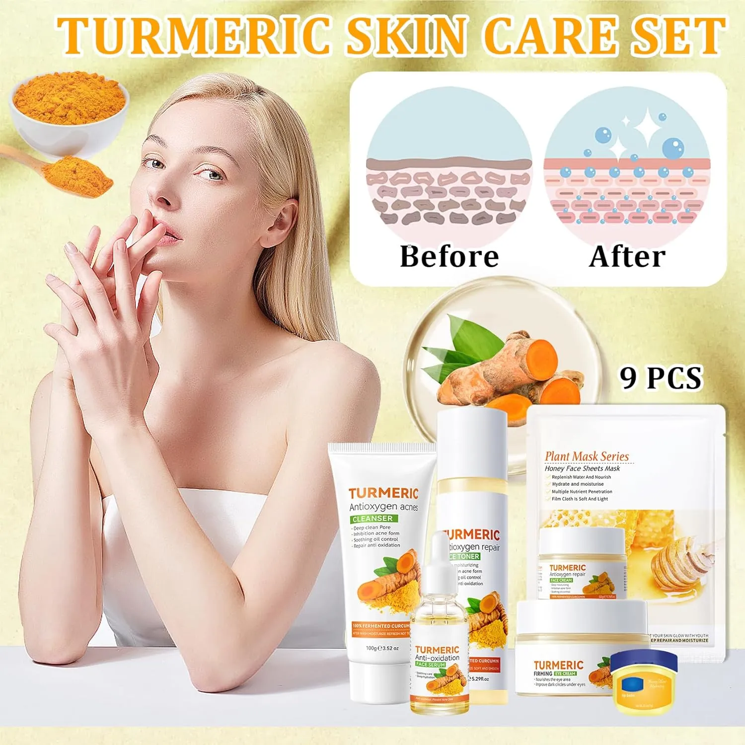 9 Pcs Turmeric Skin Care Set with Facial Cleanser,Toner,Face Serum,Face Cream,Eye Cream,Moisturizing Lip Balm,Hydrating Face Sheet Masks Skin Care Kit for Women and Men