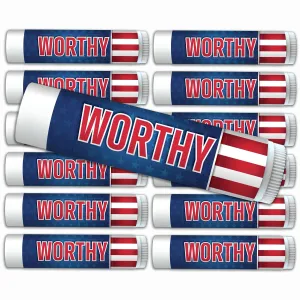 (Accessories) USA American Flag "Worthy" Premium SPF 15 Lip Balm 12-Pack, Made with Beeswax, Aloe Vera, Coconut Oil, Vitamin E. Water Resistant. Patriotic America Design.