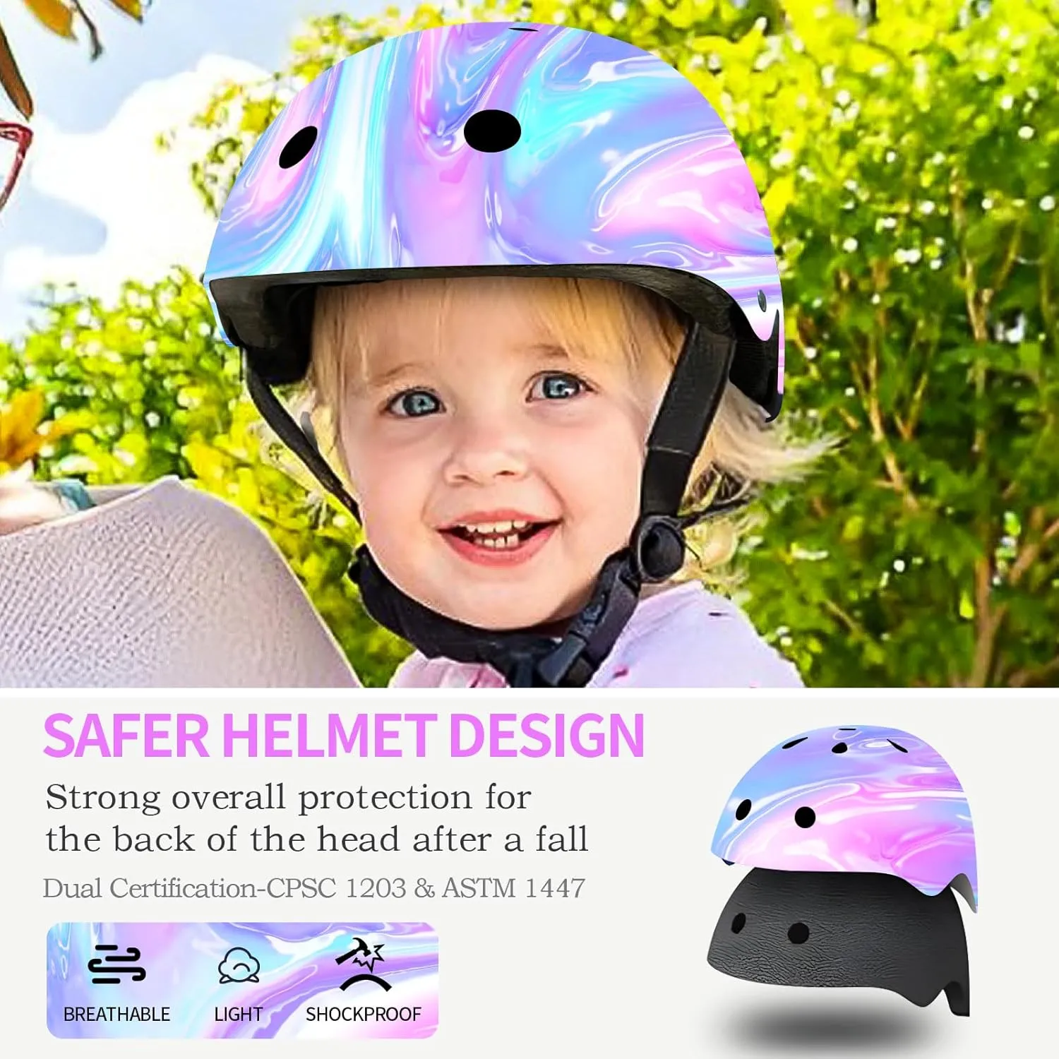 Adjustable Gradient Color Kids/Toddler Bike Helmet for 1-2-3-5-8-14 Years Boys Girls,Skateboard Helmet with Knee and Elbow Pads Wrist Guard Roller Skates,Cycling,Skating Scooter Longboard