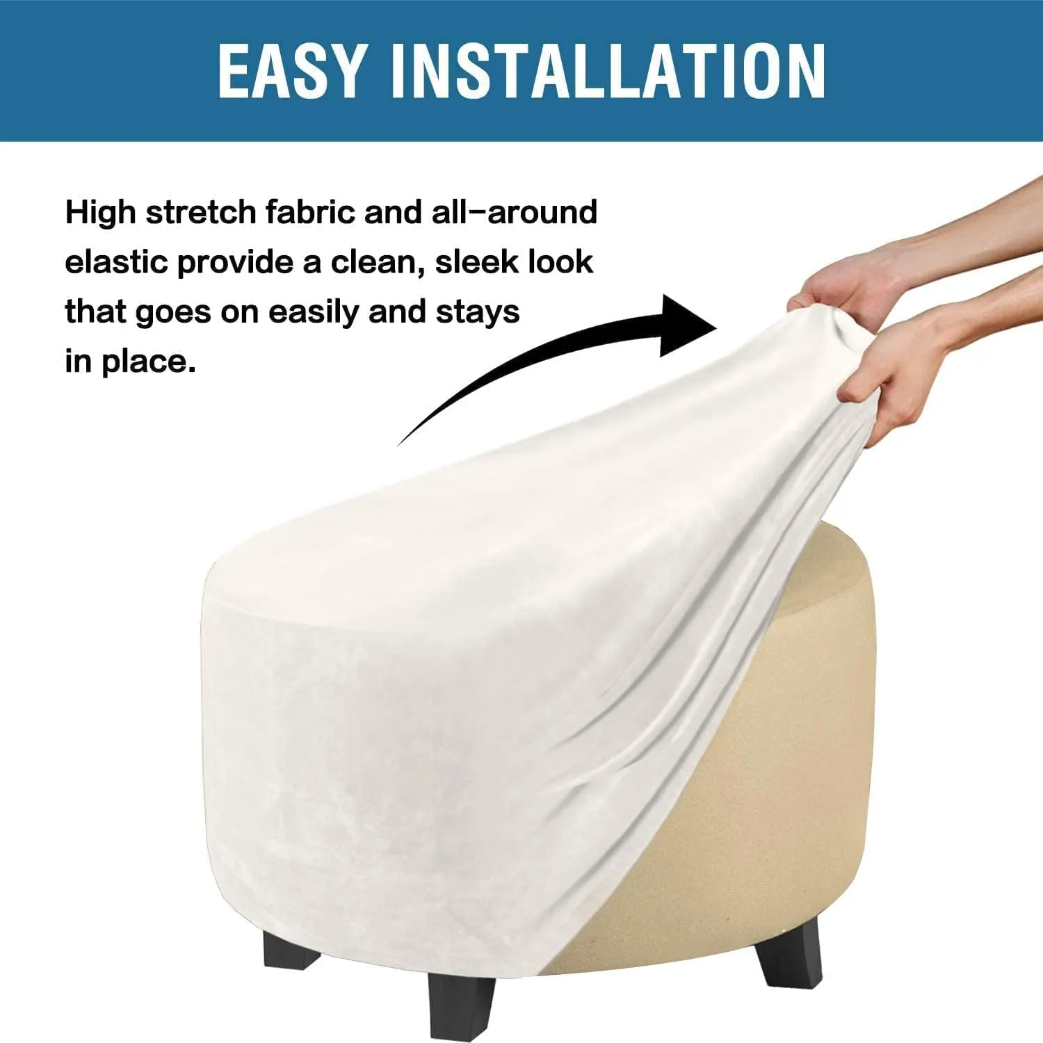 ADPON Velvet Plush Ottoman Cover,Super Stretch Round Ottoman Slipcover Washable Storage Stool Furniture Protector for Living Room (Medium,Off White)