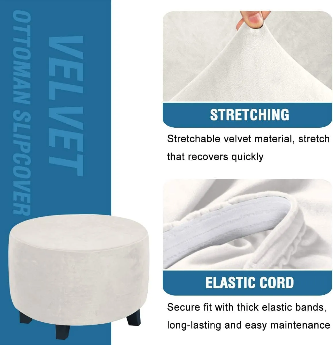 ADPON Velvet Plush Ottoman Cover,Super Stretch Round Ottoman Slipcover Washable Storage Stool Furniture Protector for Living Room (Medium,Off White)