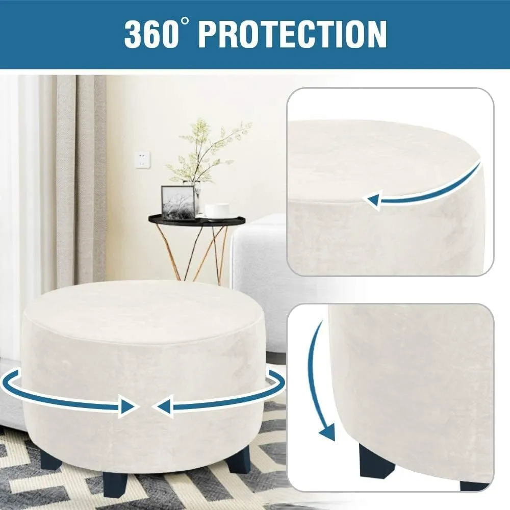 ADPON Velvet Plush Ottoman Cover,Super Stretch Round Ottoman Slipcover Washable Storage Stool Furniture Protector for Living Room (Medium,Off White)