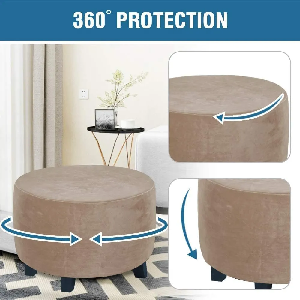 ADPON Velvet Plush Ottoman Cover,Super Stretch Round Ottoman Slipcover Washable Storage Stool Furniture Protector for Living Room (Medium,Taupe)