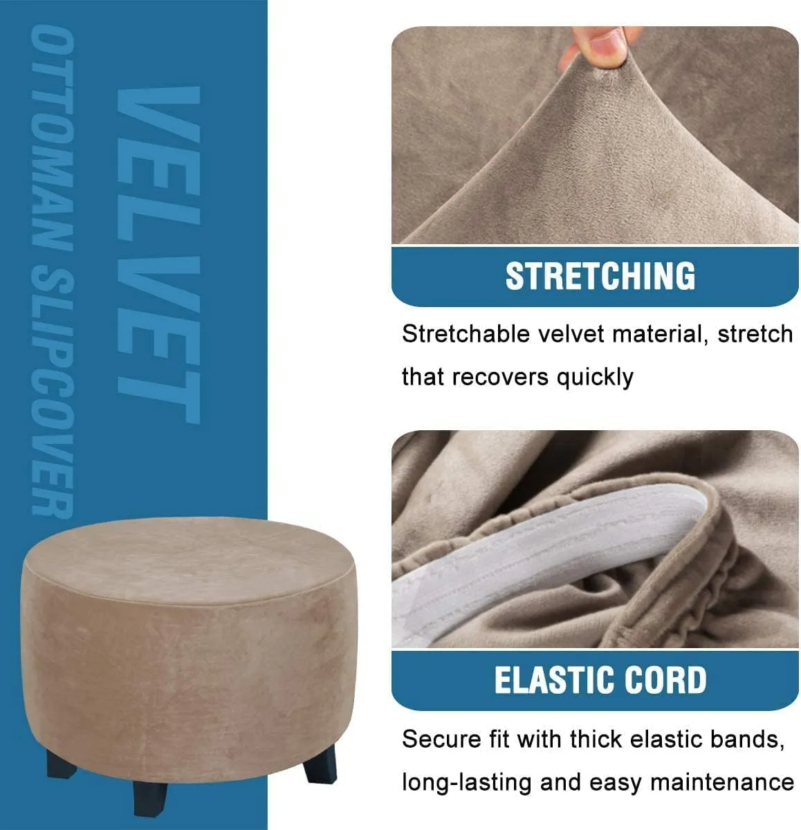 ADPON Velvet Plush Ottoman Cover,Super Stretch Round Ottoman Slipcover Washable Storage Stool Furniture Protector for Living Room (Medium,Taupe)