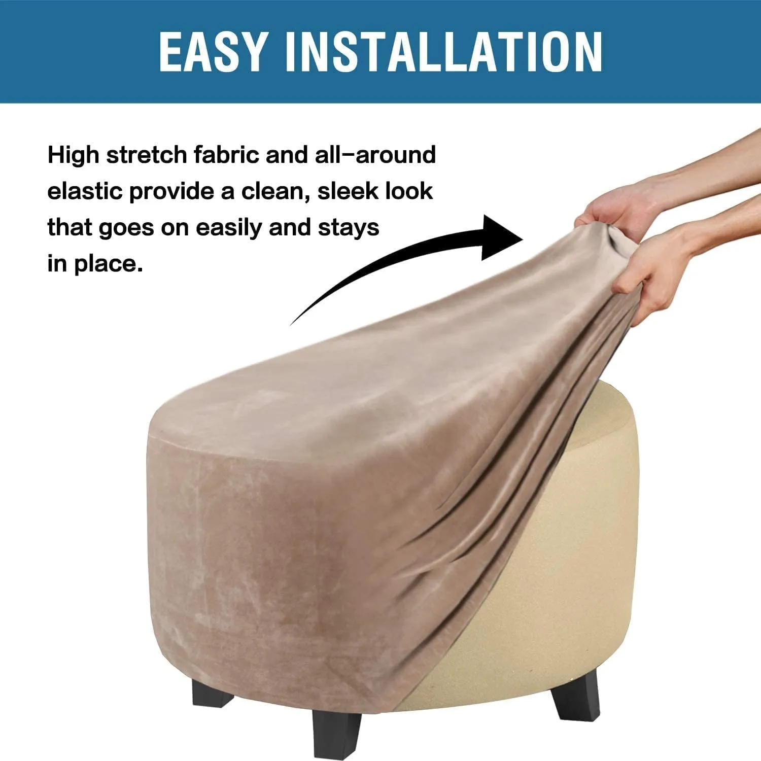 ADPON Velvet Plush Ottoman Cover,Super Stretch Round Ottoman Slipcover Washable Storage Stool Furniture Protector for Living Room (Medium,Taupe)