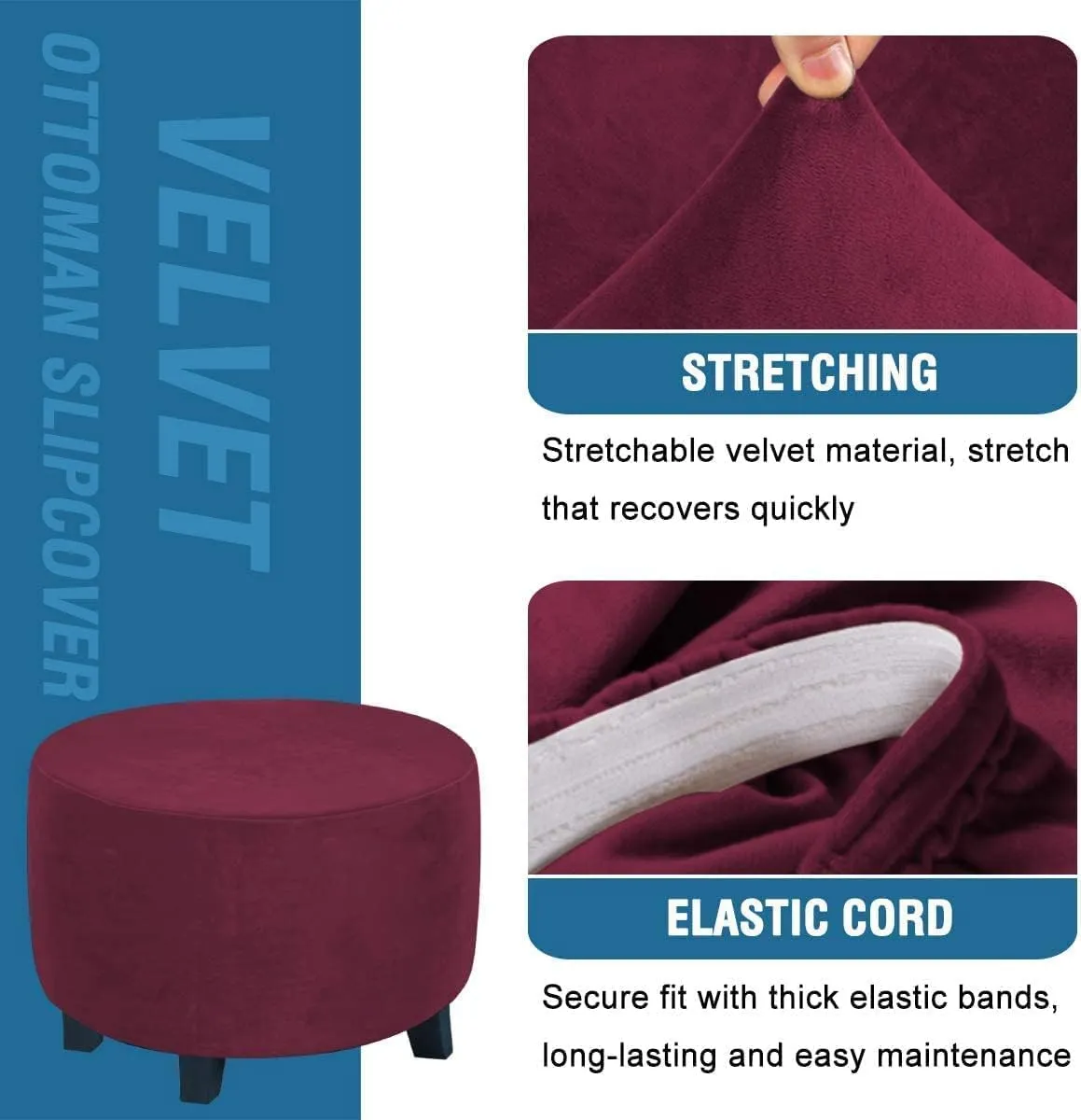 ADPON Velvet Plush Ottoman Cover,Super Stretch Round Ottoman Slipcover Washable Storage Stool Furniture Protector for Living Room (Medium,Wine/Burgundy)