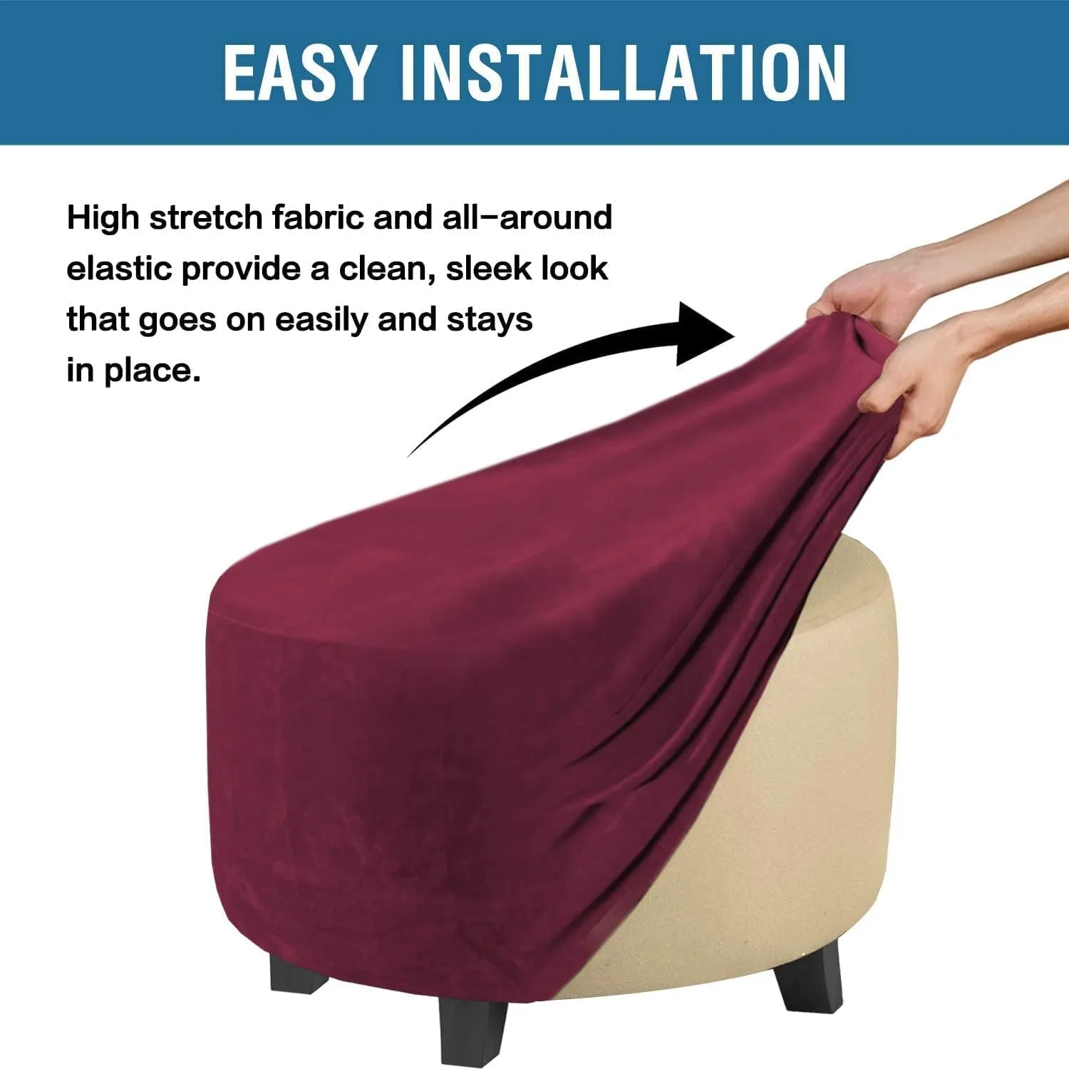 ADPON Velvet Plush Ottoman Cover,Super Stretch Round Ottoman Slipcover Washable Storage Stool Furniture Protector for Living Room (Medium,Wine/Burgundy)